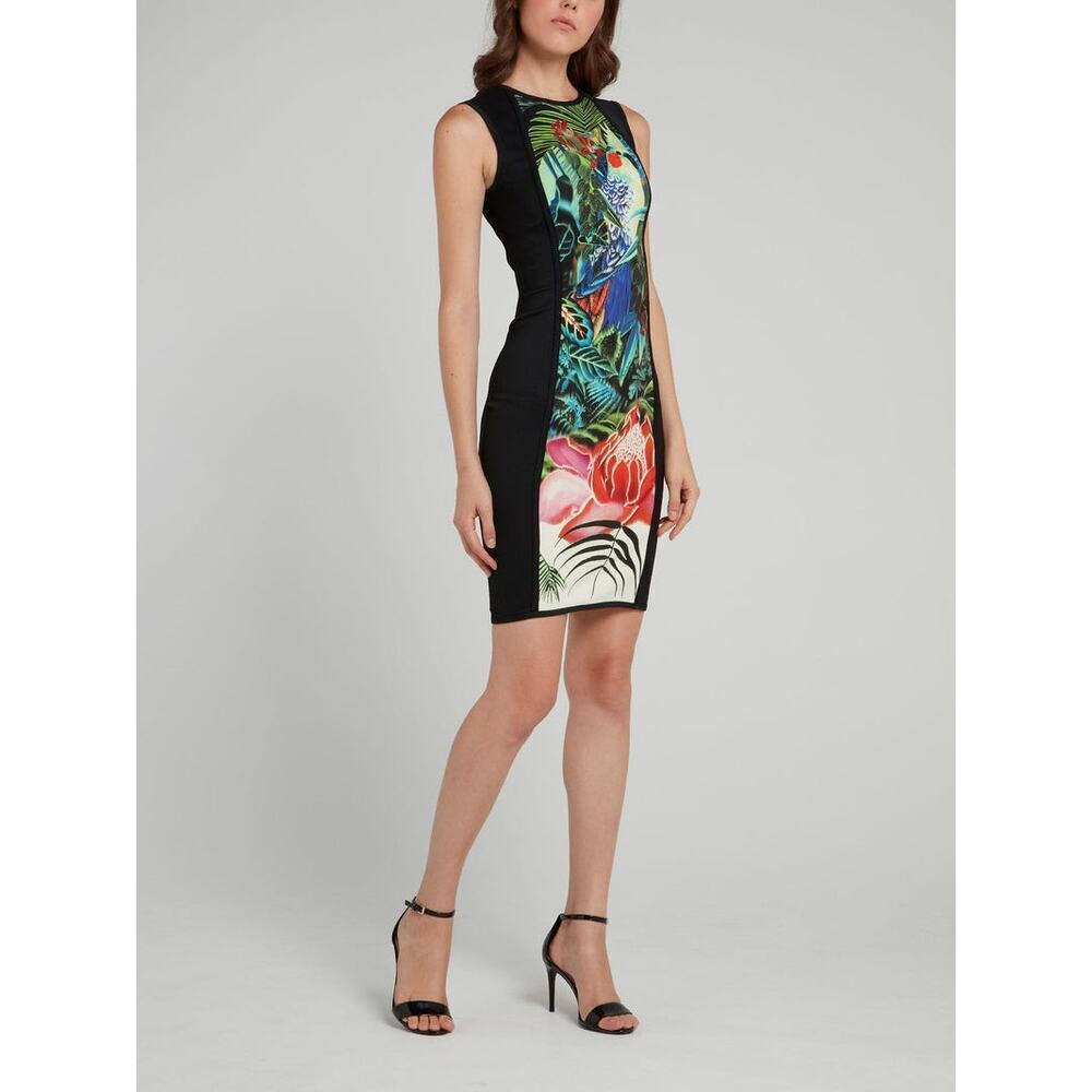 Roberto Cavalli Black Tropical Printed Sleeveless Sheath Dress Size 6